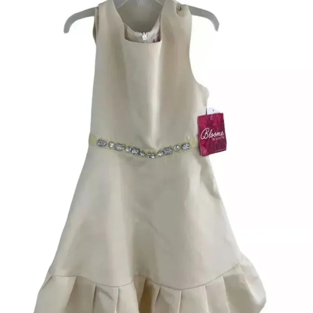 Bloome Girls A-Line Dress Beige Champagne Sleeveless Crew Zip Rhinestone 8 New